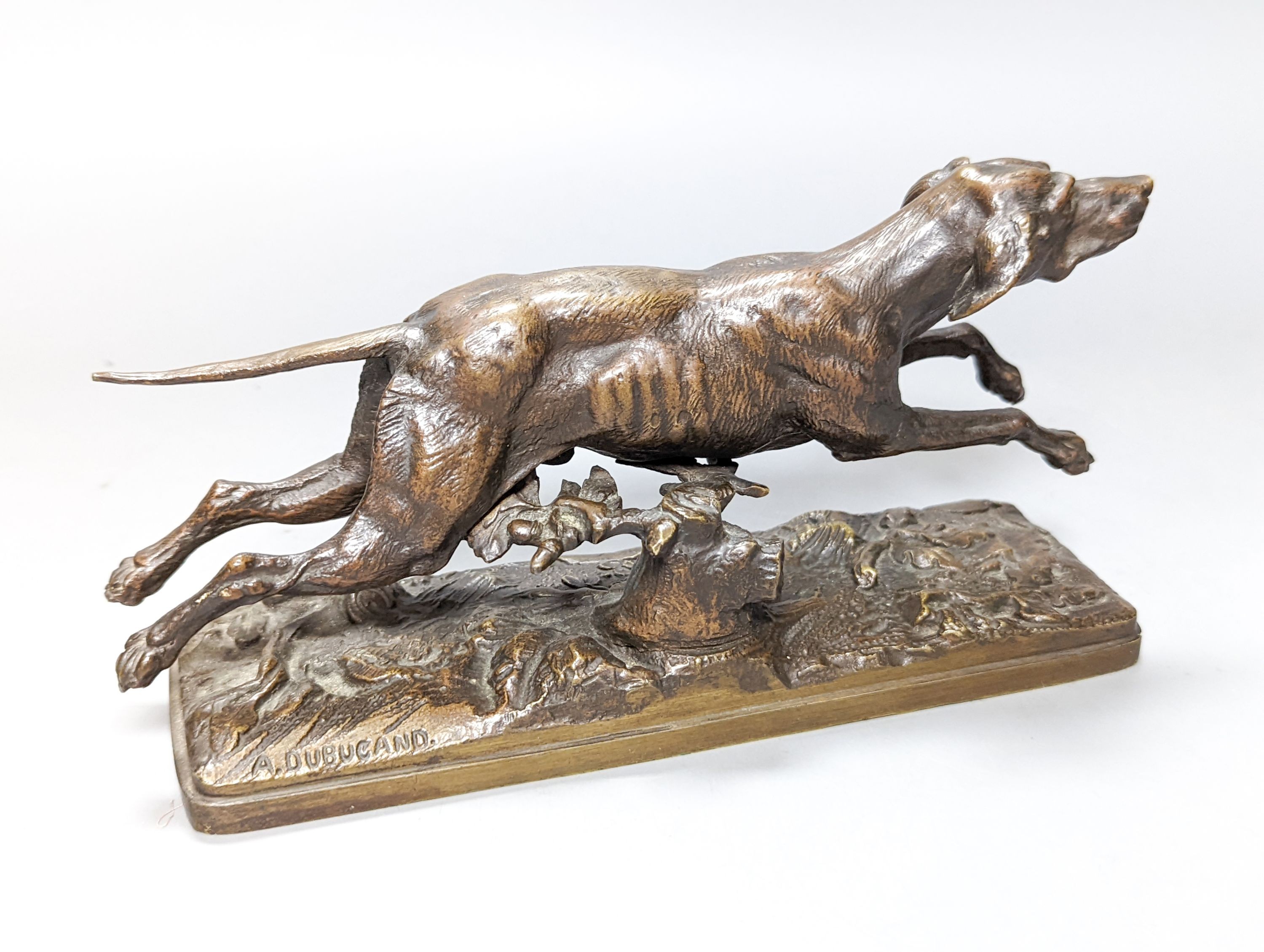 Alfred Dubucand (1828-1894) bronze sculpture of a hunting dog, signed in the bronze. 21cm